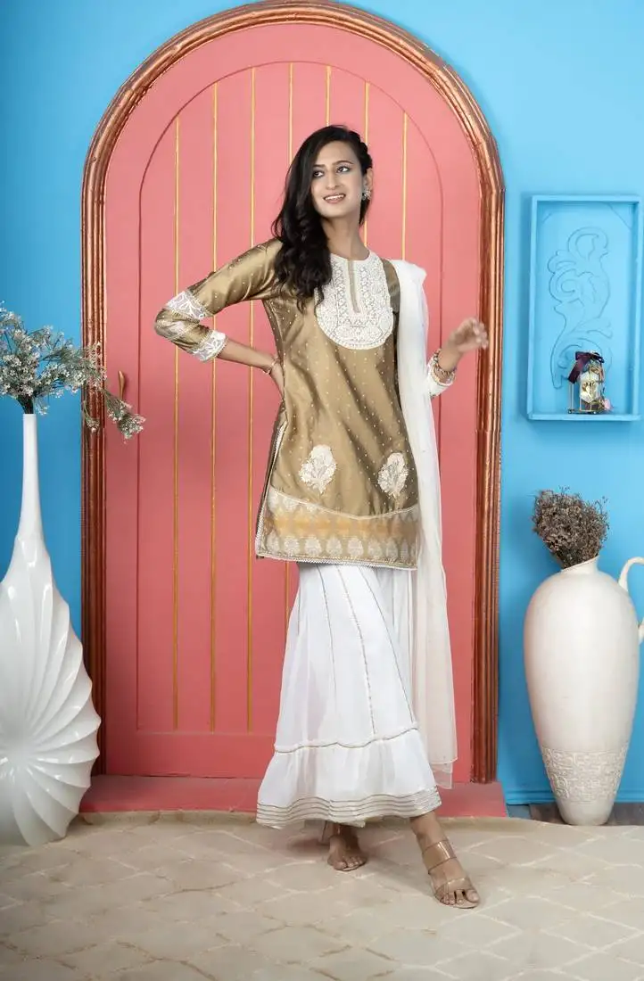 Antique-gold embroidered silk stitched straight cut sharara kurta & dupatta