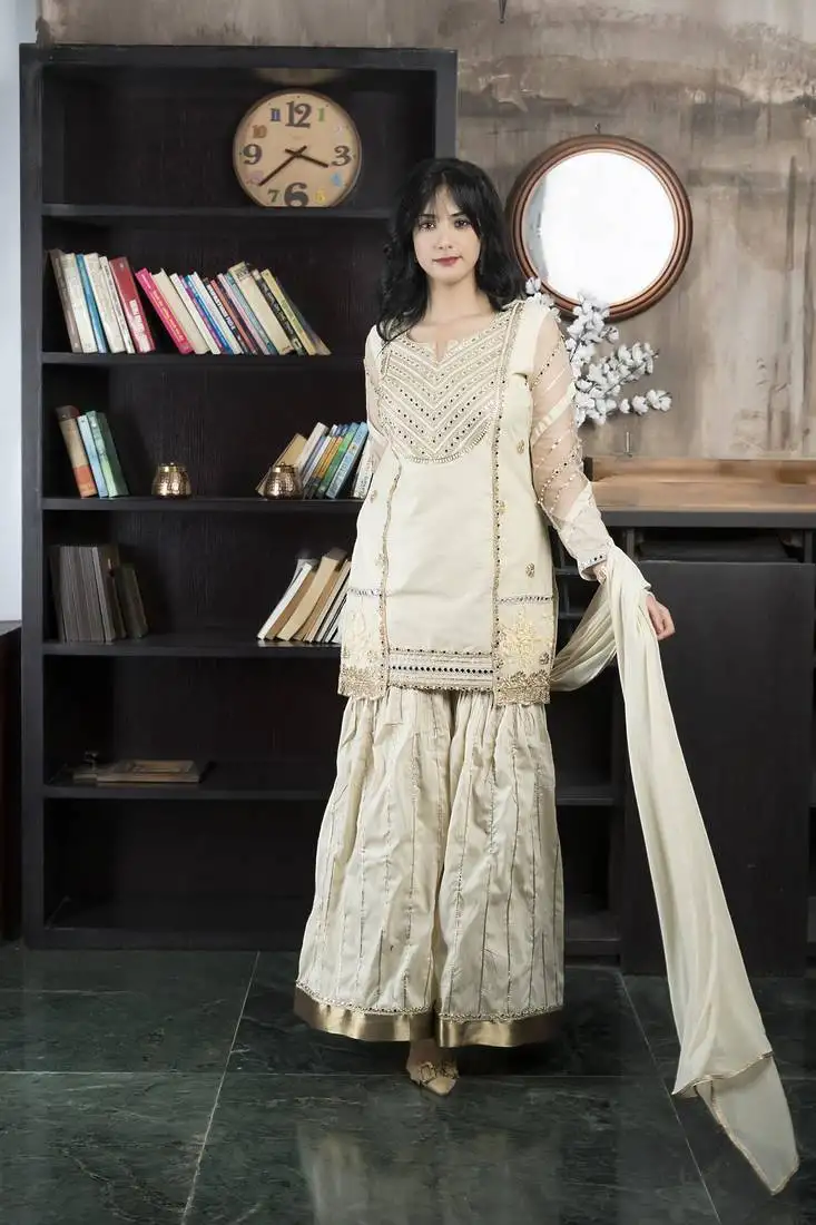 Beige embroidered chanderi silk stitched asymmetrical sharara kurta & dupatta