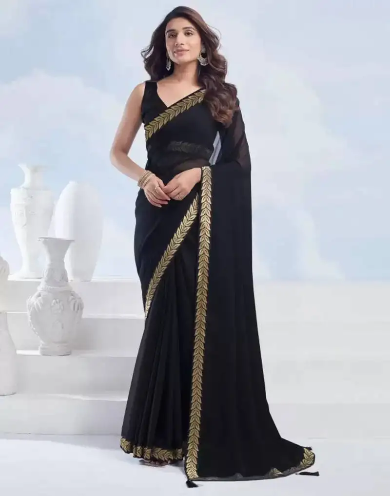 Black georgette designer border saree with unstitch blouse