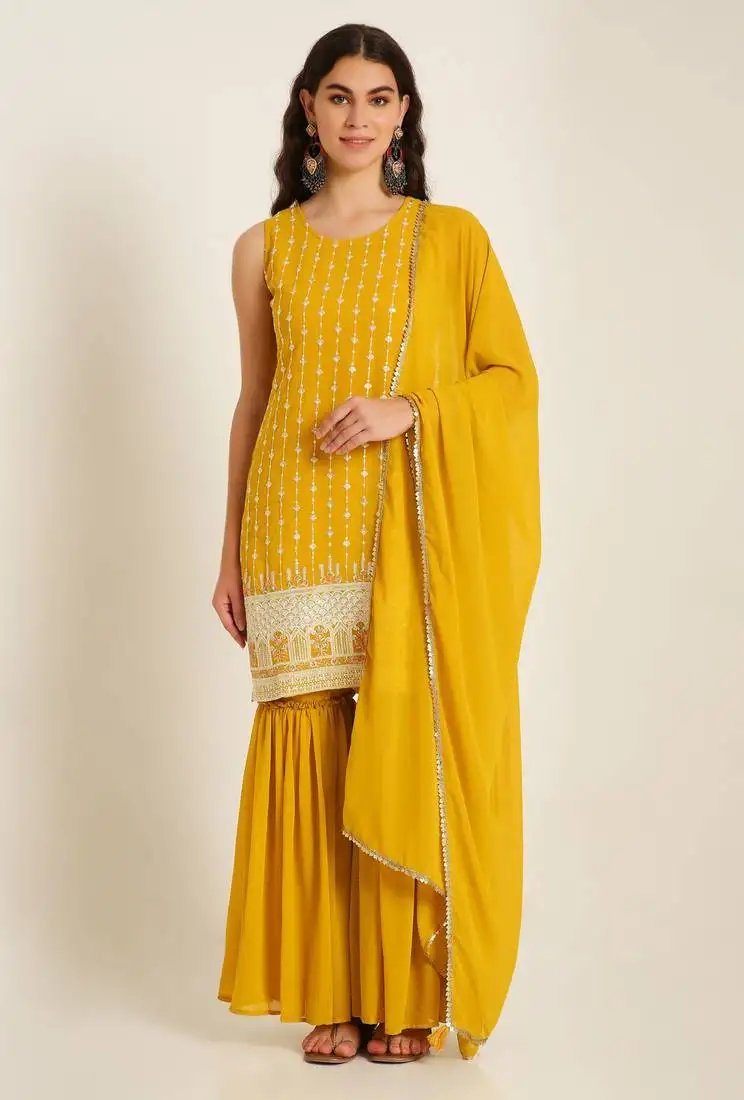 Corn yellow embroidered georgette women's kurta and sharara set stitched