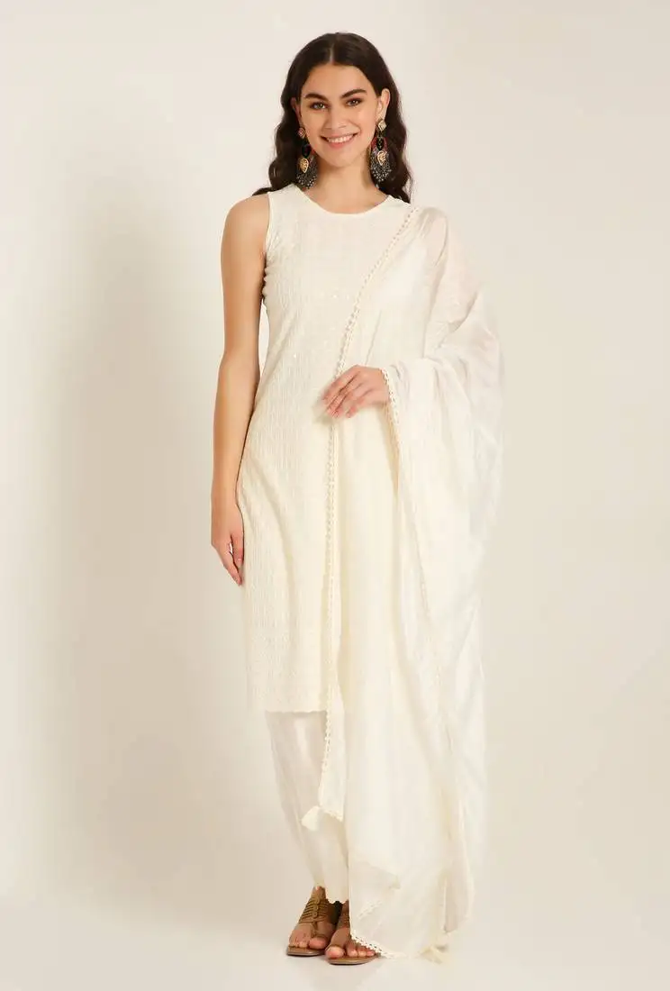 Pearl cream embroidered rayon women's kurta,palazzo and dupatta set stitched