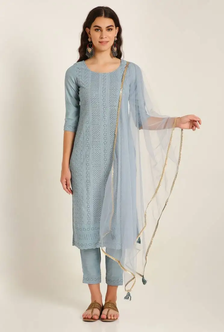 Sky blue embroidered silk blend women's kurta, pyjama & dupatta set stitched
