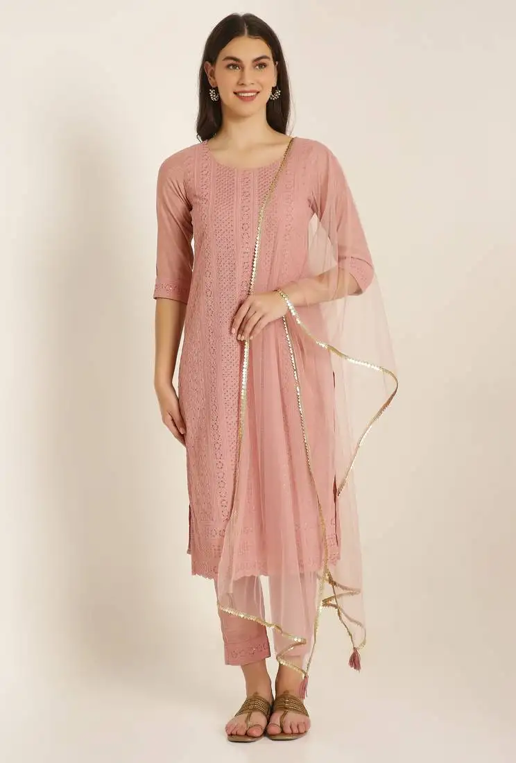 Peach embroidered silk blend women's kurta, pyjama & dupatta set stitched