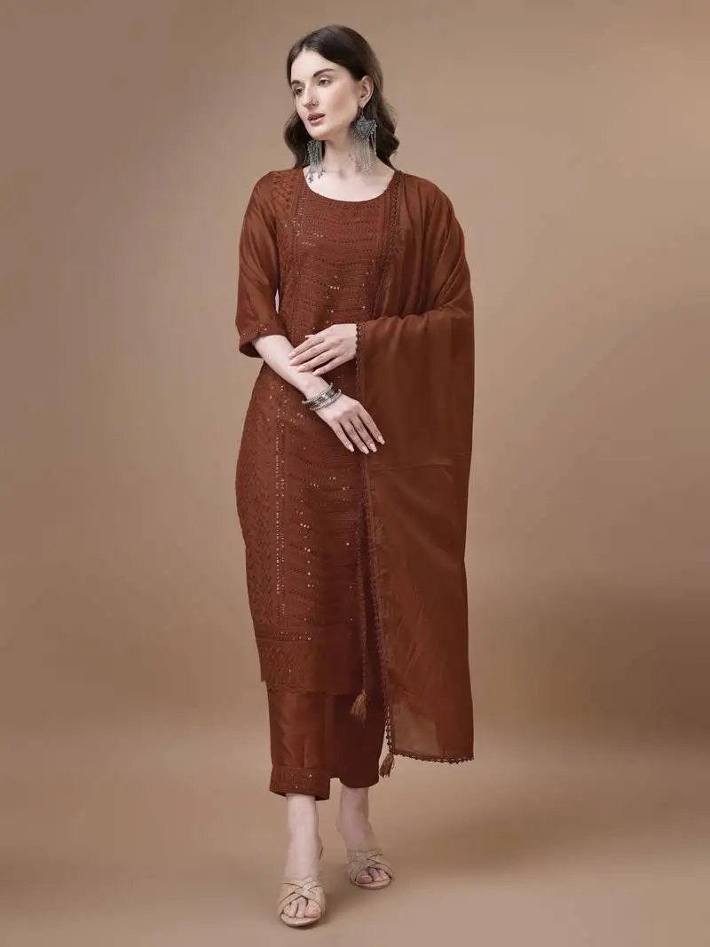 Amber orange embroidered silk blend women's kurta, pyjama & dupatta set stitched