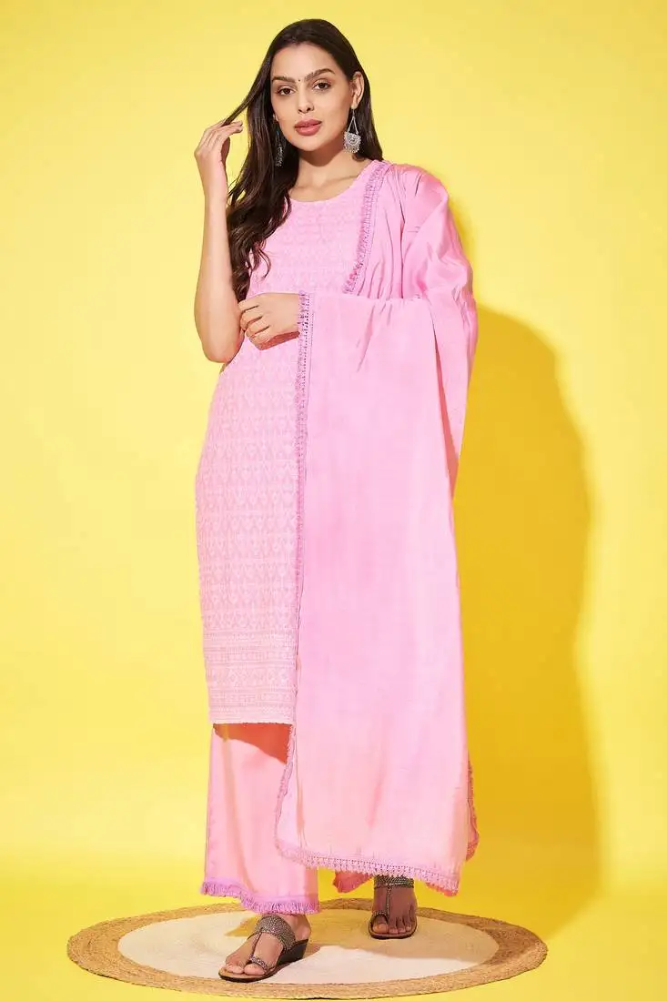 Pastel pink embroidered rayon women's kurta,palazzo and dupatta set stitched