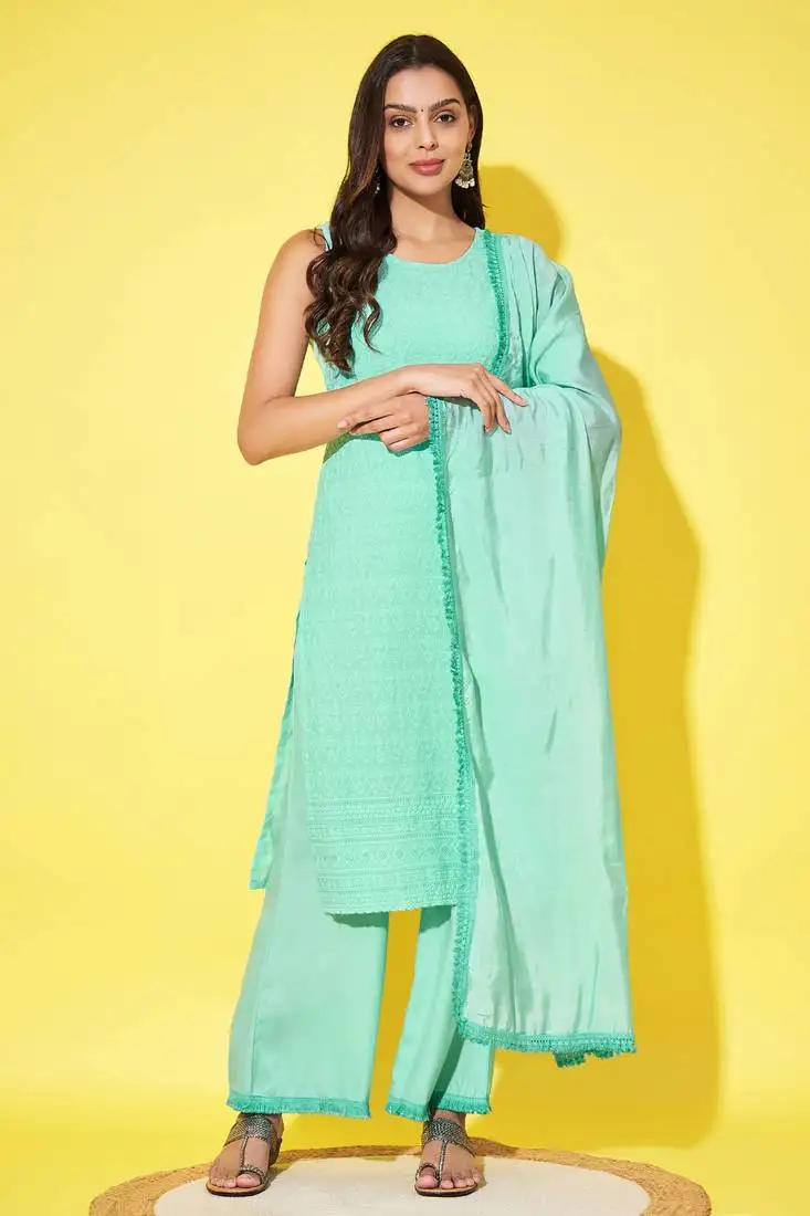 Aqua cyan embroidered rayon women's kurta,palazzo and dupatta set stitched