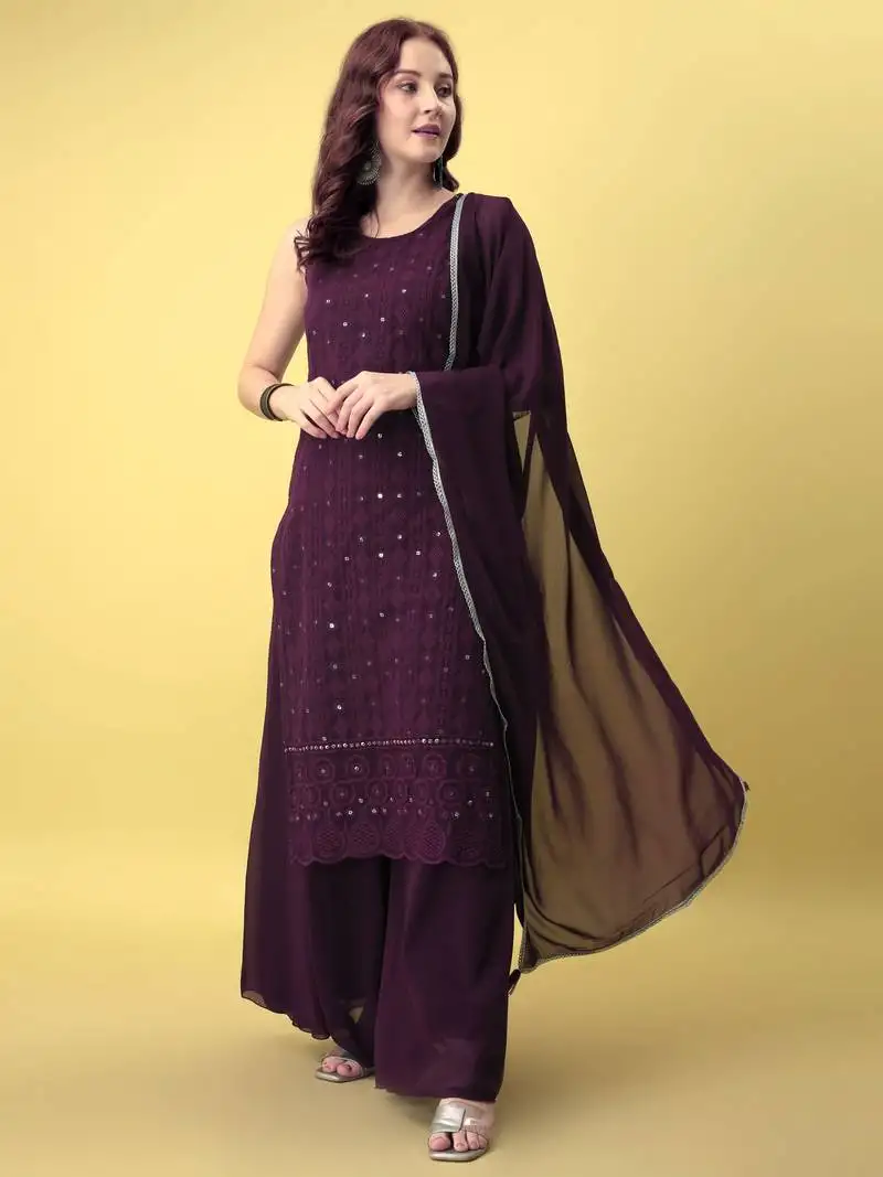 Wine embroidered georgette women's kurta,palazzo and dupatta set stitched