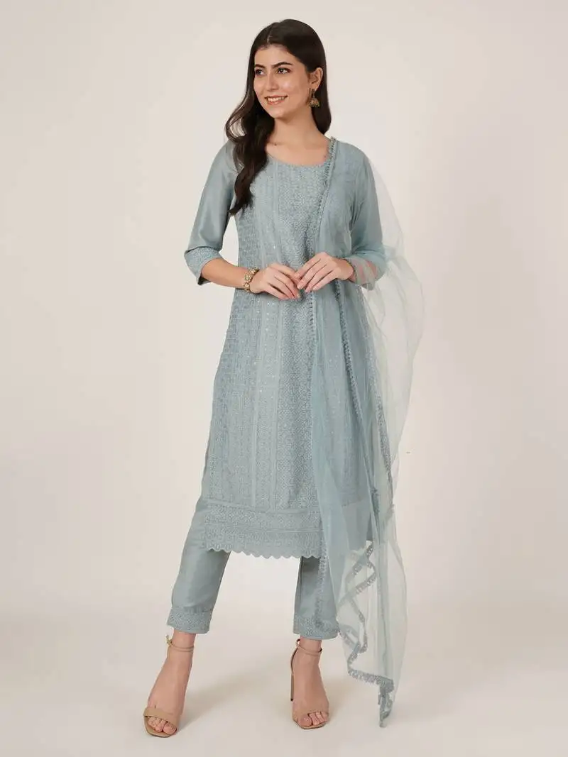 Steel blue embroidered silk blend women's kurta, pyjama & dupatta set stitched