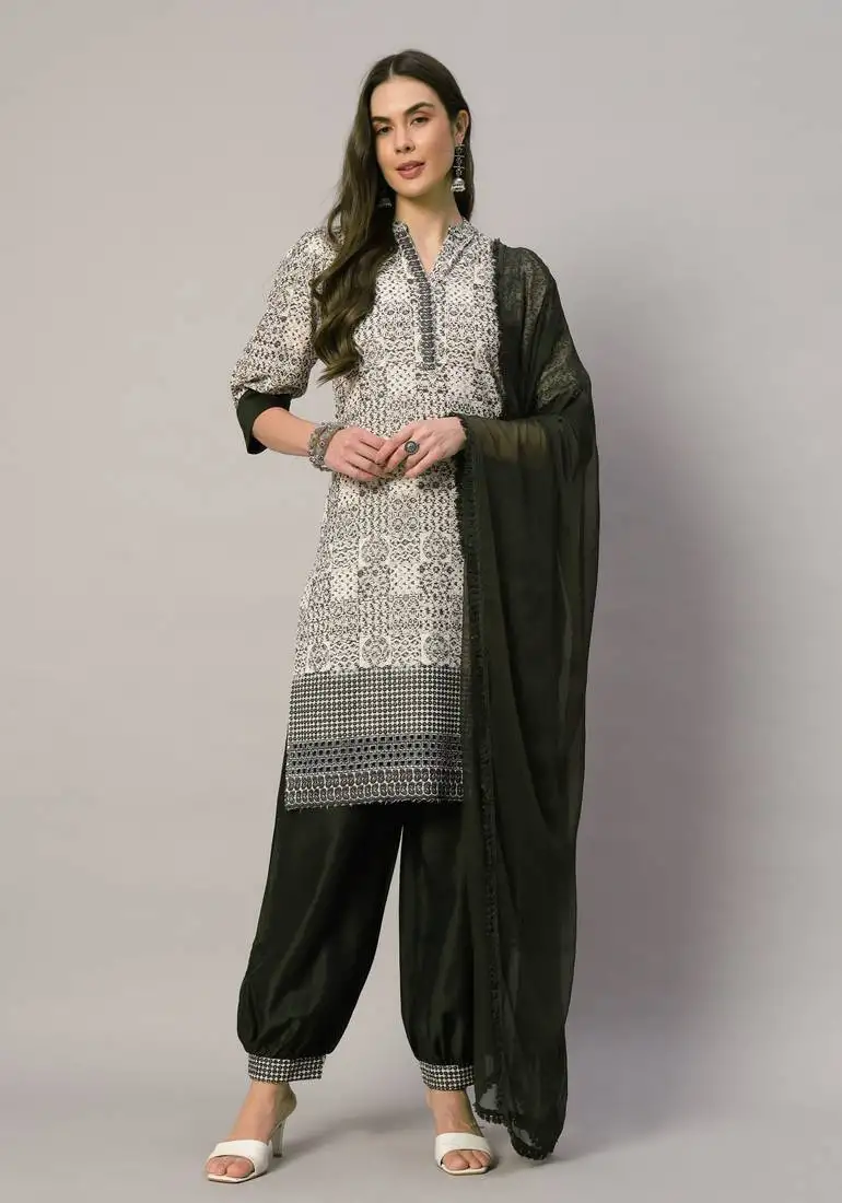 Dark olive embroidered viscose women's kurta, dhoti pant & dupatta set stitched