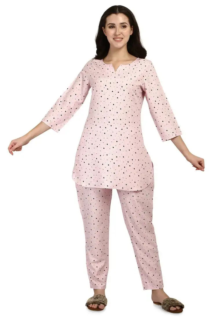 Pink polka-dot rayon night suit set