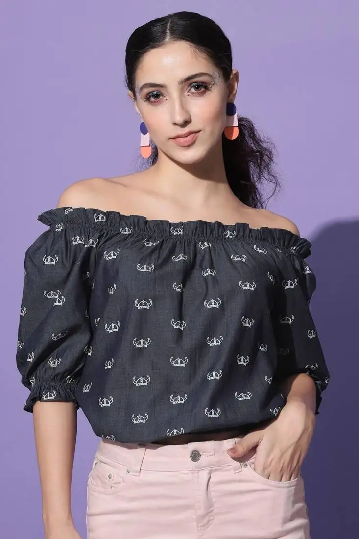 Casual half sleeve printed women's navy blue top