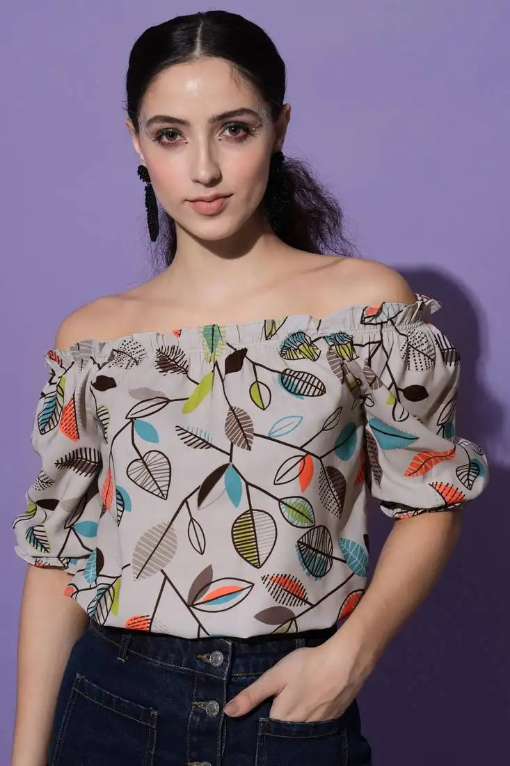 Beach wear half sleeve floral print women's grey top