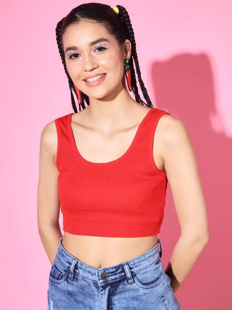 Casual no sleeve solid women's red top