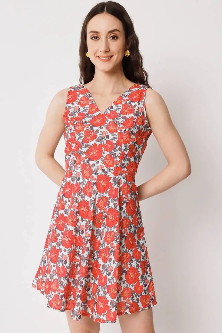 Red polyester skater women's dress