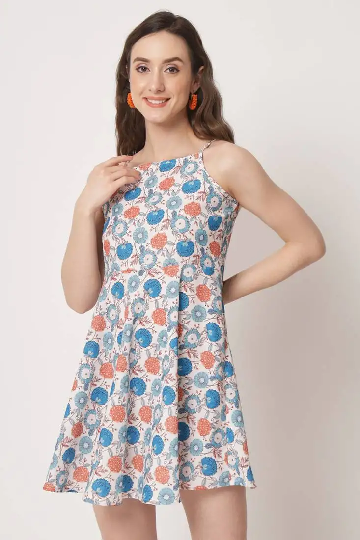 Cream polyester flared women's dress