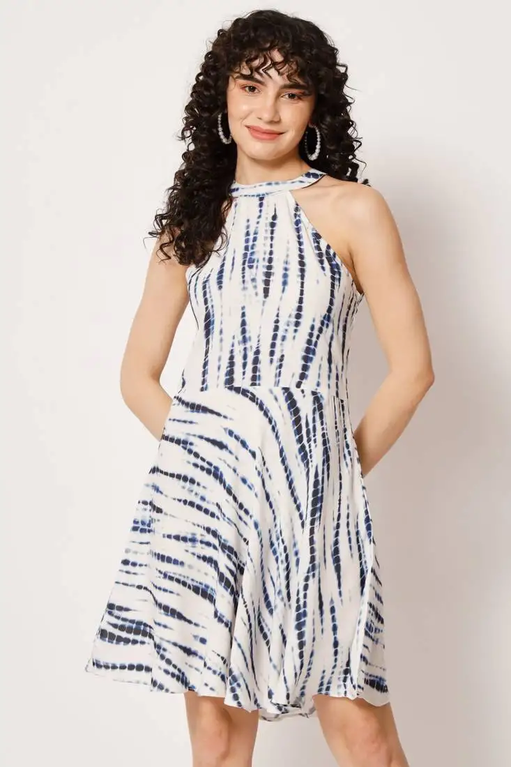 Blue viscose flared women's dress