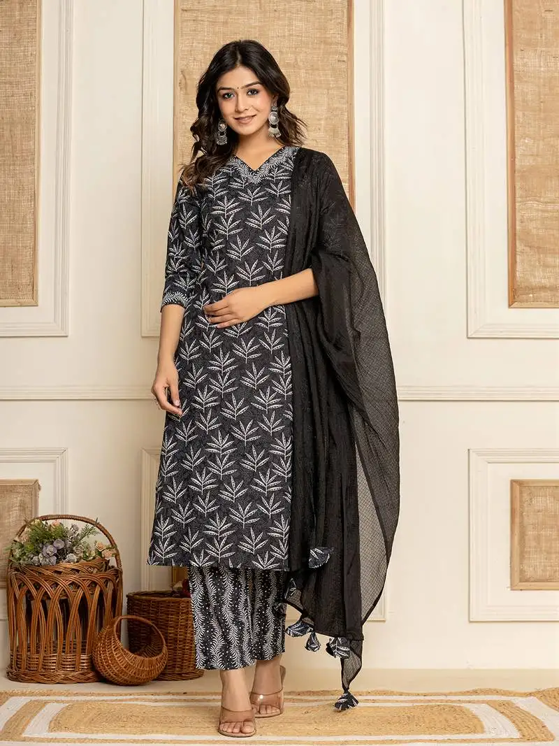 black floral print cotton straight kurta and trousers with dupatta set