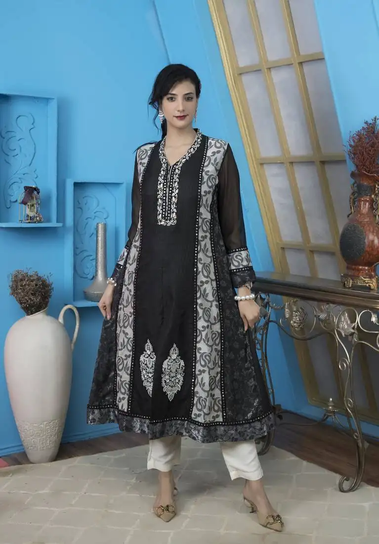 Black art silk embroidered anarkali kurta &