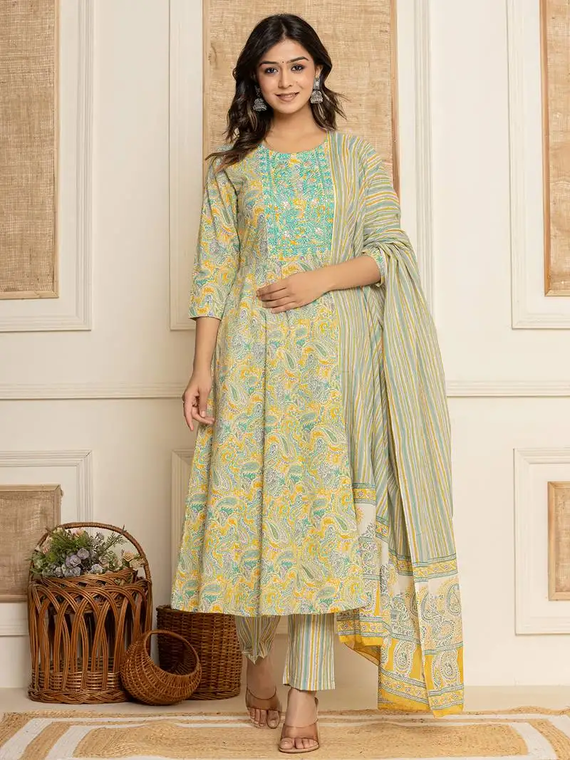 mustard thread work cotton anarkali kurta and trousers with dupatta set