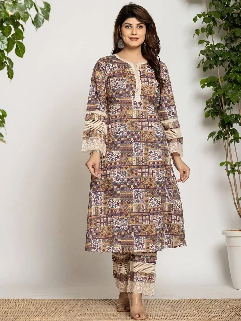beige ethnic motifs a-line kurta pant set