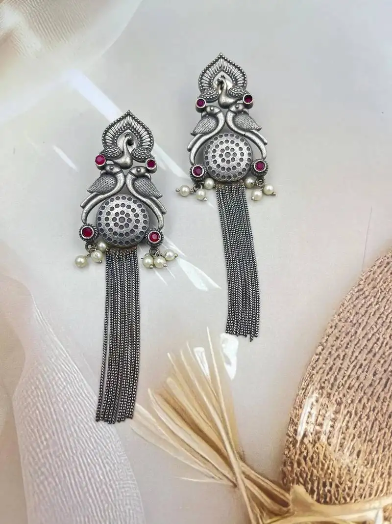 Antique oxidised german silver peacock earrings with tassels, indian ethnic, long dangle, peacock motif earrings