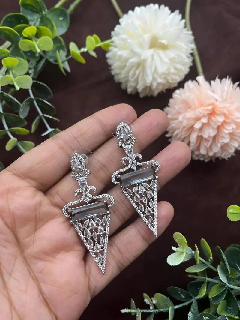 Amethyst drop earrings, cubic zircon statement earrings, crystal jewelry triangle dangle earrings with crystal accents