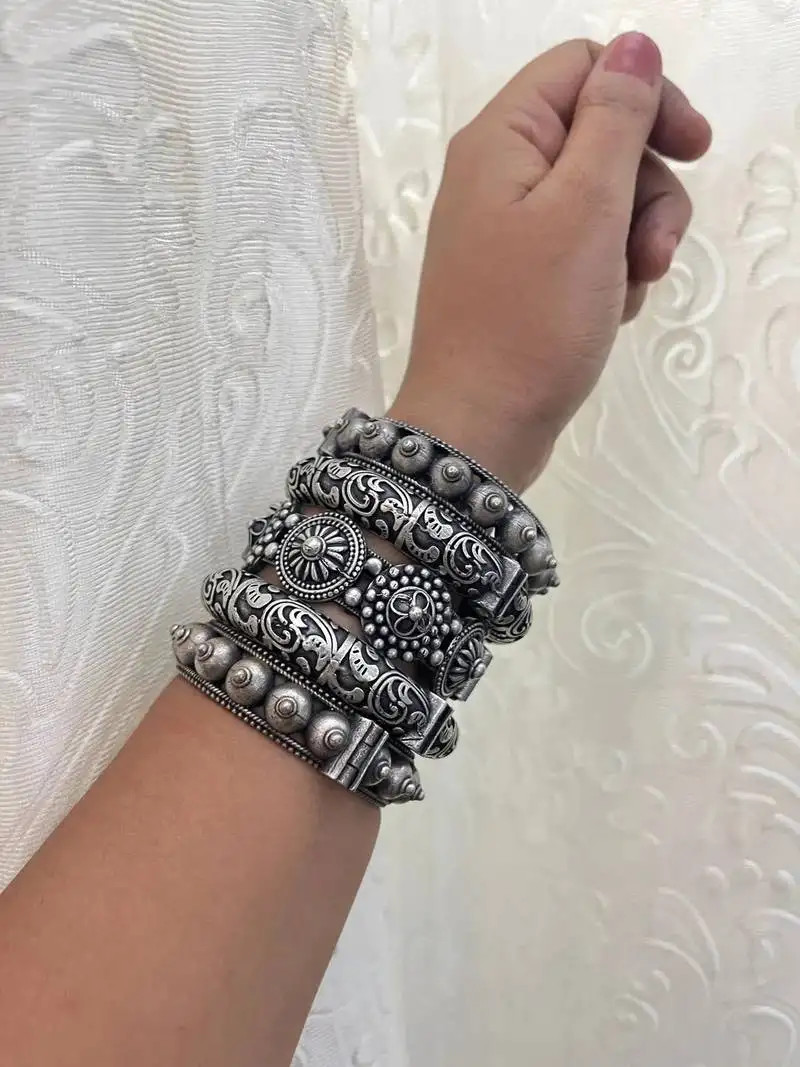 Antique silver bangles set hand silver plated kada bracelet silver look openable kada broad bracelet