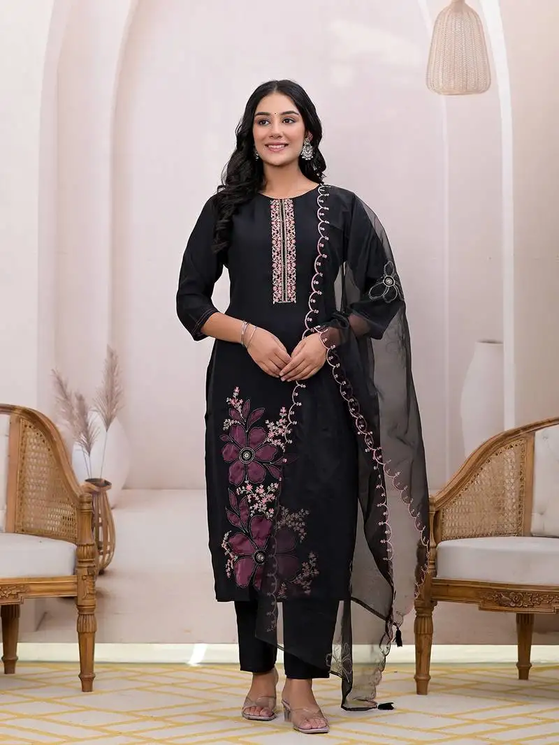 black embroidered silk blend straight kurta dupatta set