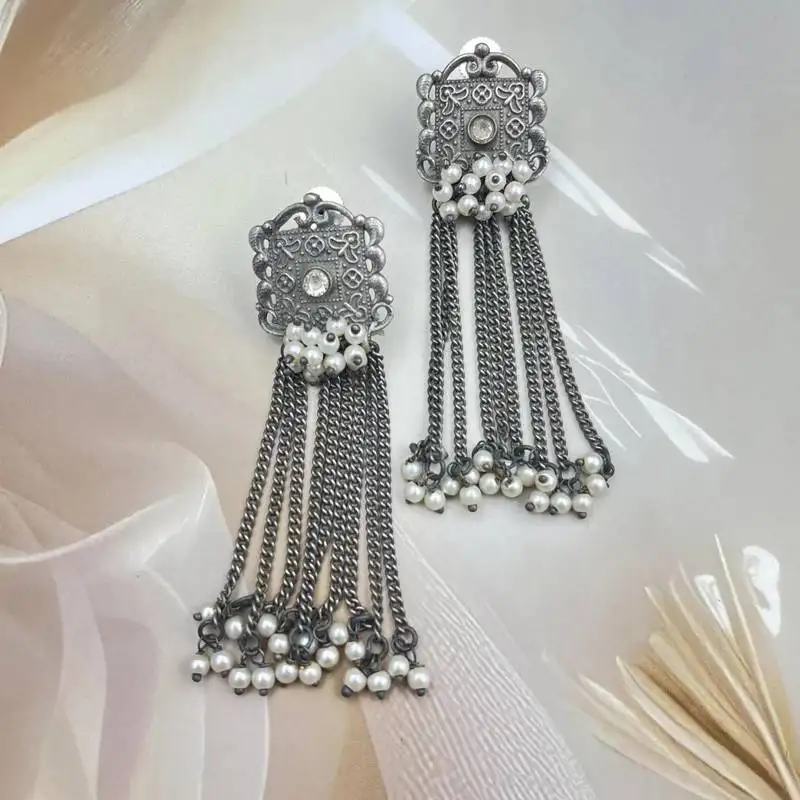 Afghani dangler earrings, indian oxidised pearl drop earrings, long earrings, german silver dangler drop earrings