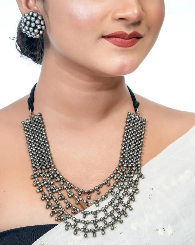 Afghani multilayer ghunghoo necklace indian oxidized jewellery german silver boho hippie style