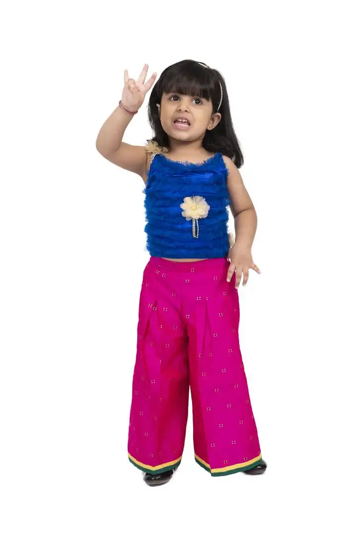 Twisha strappy frilled top with palazzo-blue & pink