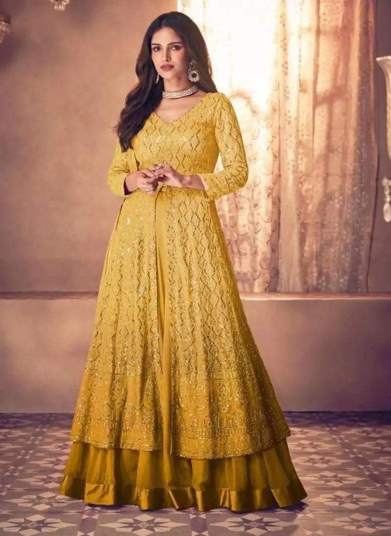 Yellow sequins pure georgette semi-stitch front slit dress with dupatta semi stitched