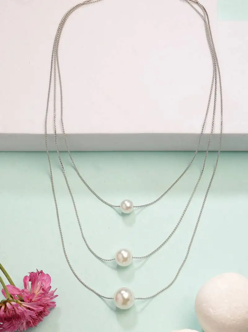 women's silver-plated white pearl layered chain