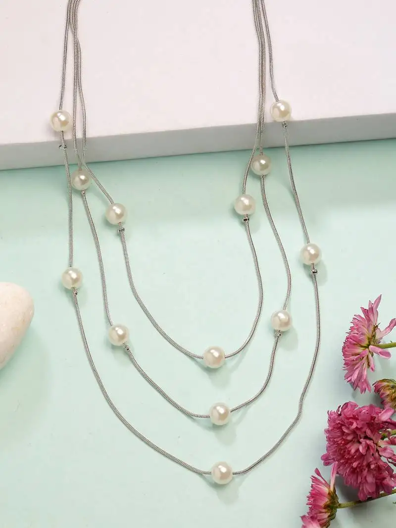 women's silver-plated white pearls party layered chain