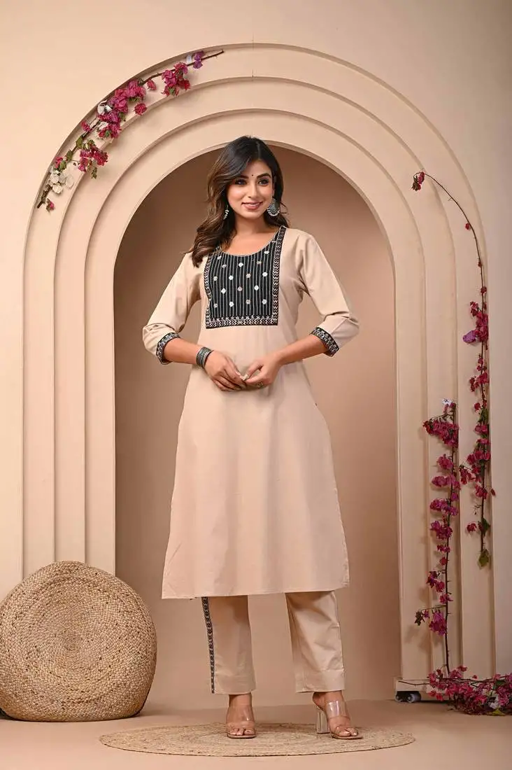 Beige elegance embroidered kurta set