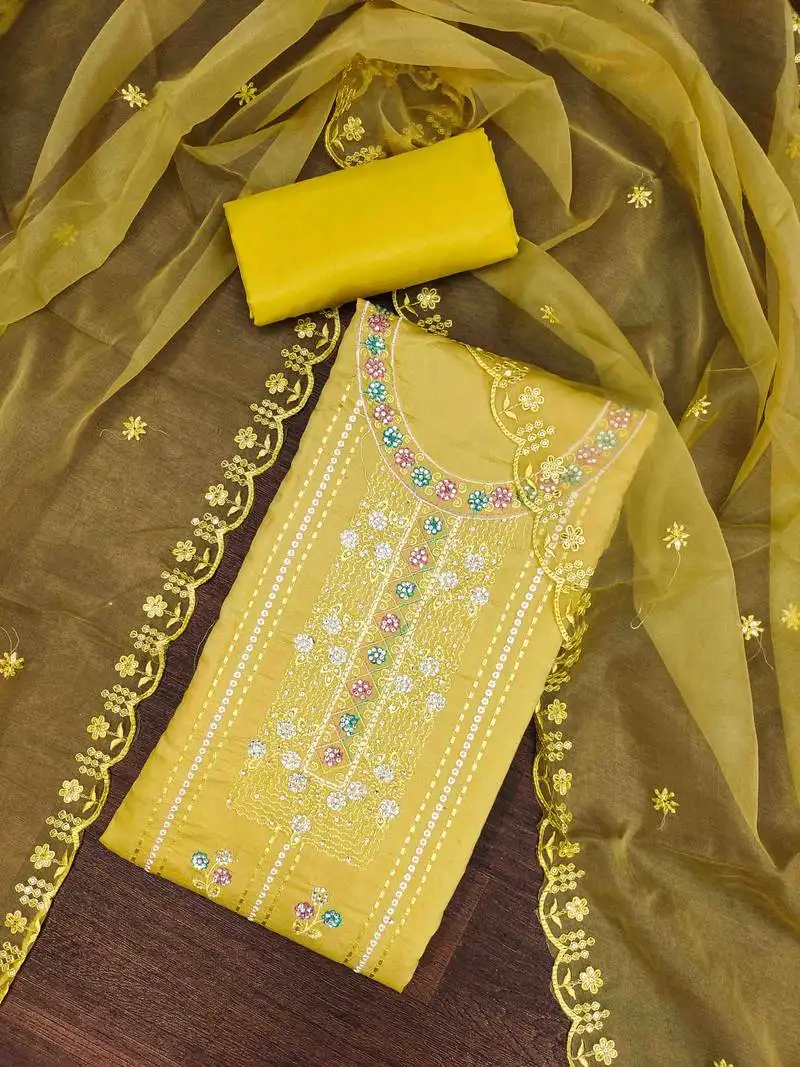 Yellow roman cotton silk blend handwork unstitched dress material