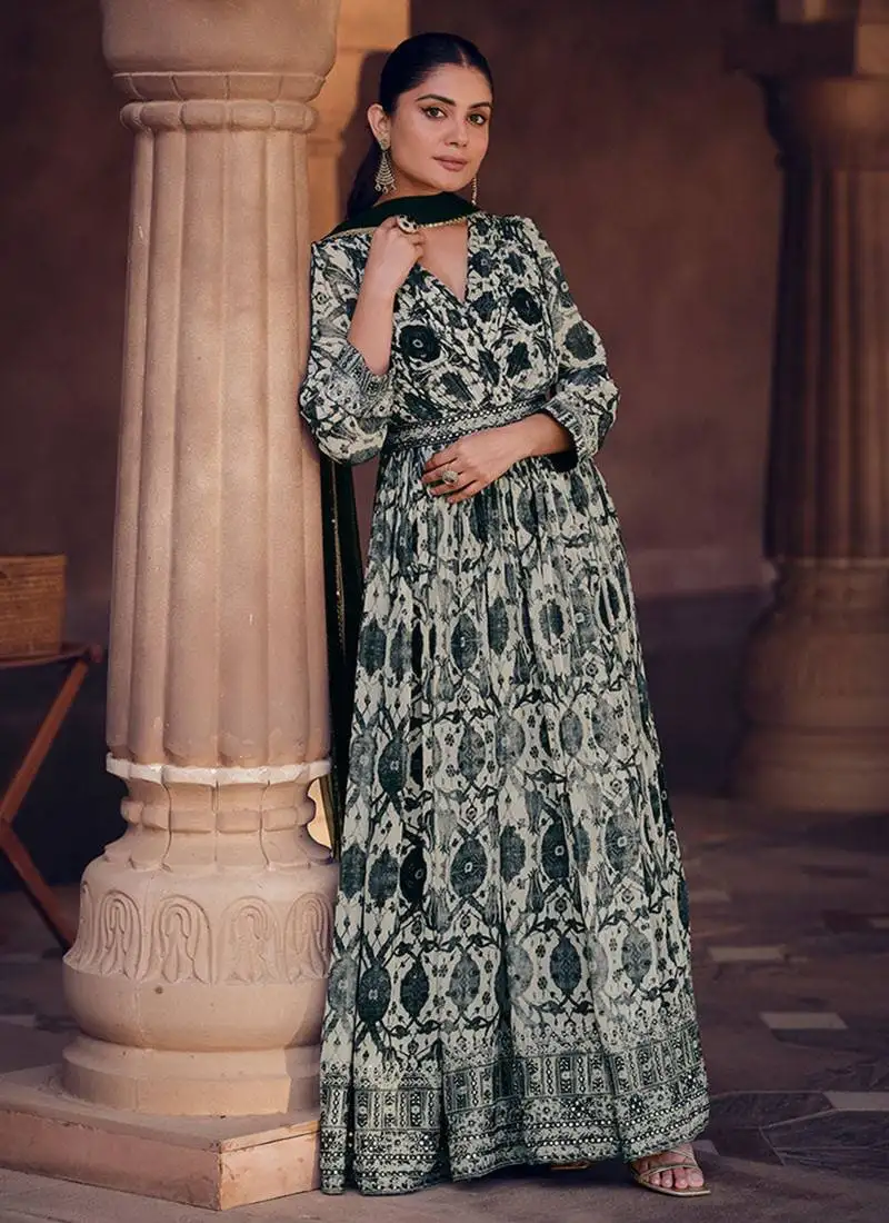 Black and white digital printed georgette anarkali gown with dupatta semi stitched