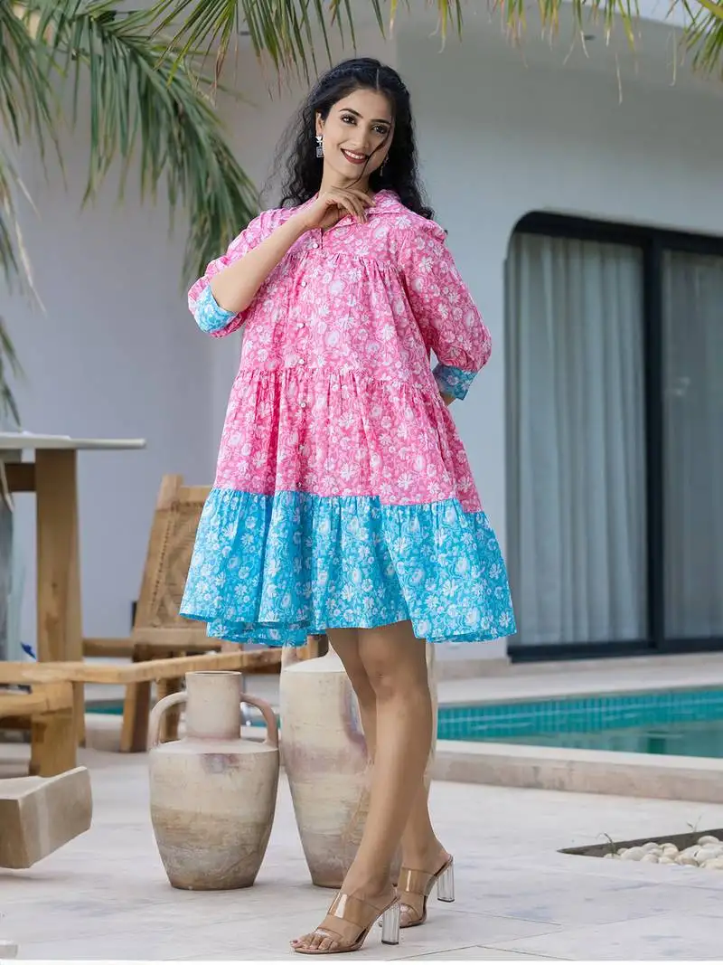 pink and sky blue pure cotton colour blocking and gathers dress