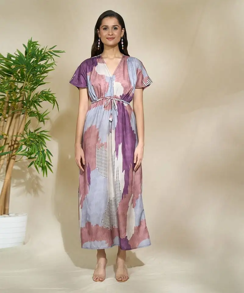 Brown purple printed kaftan dress with adjustable waist