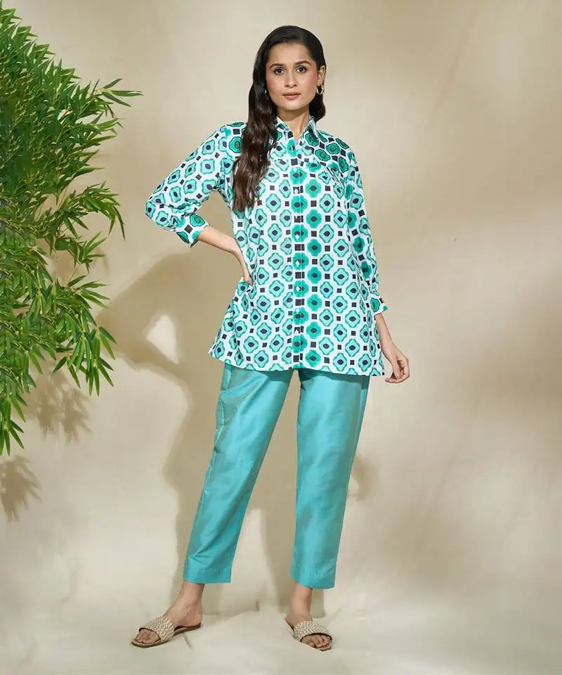 Aqua beaded shirt with intricate hand work of african bead cutdana sequnce blue jaam cotton pants