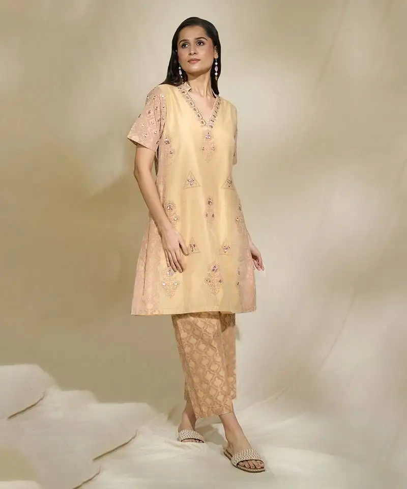 Beige chanderi mirror work cord set with slip & pants