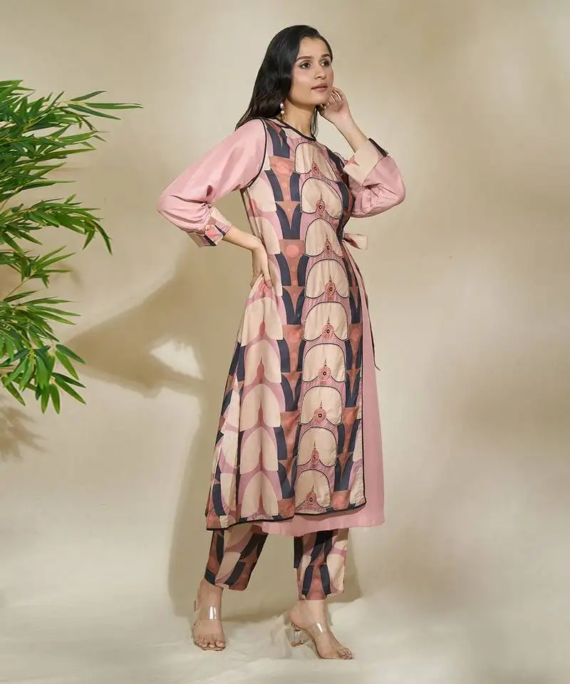 Blush rose floral printed linen kurta & pant