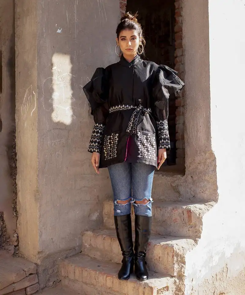 Black handblocked wrap jacket