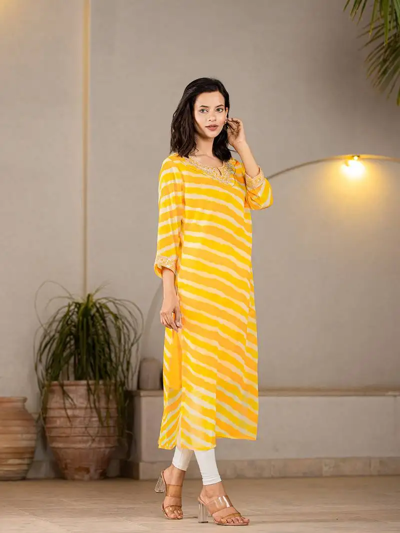 yellow georgette lehriya kurta with cotton lining and embroidery