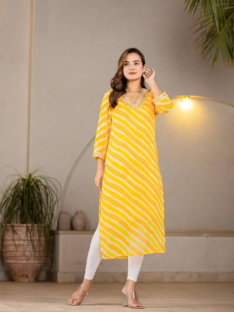 yellow georgette lehriya kurta