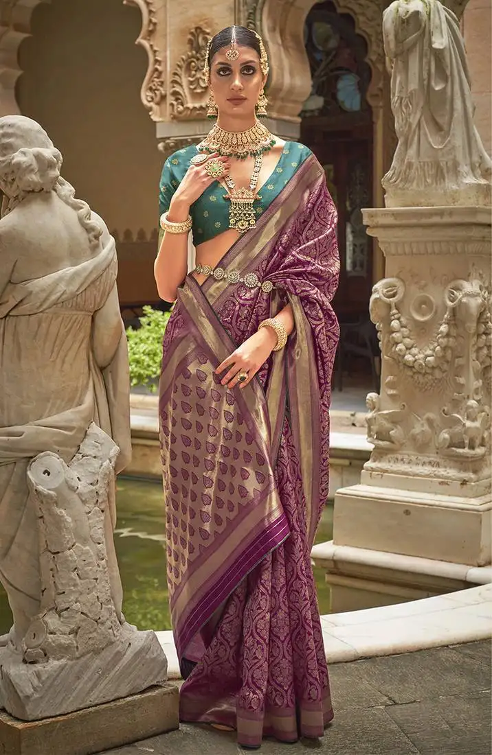 Banarasi silk blend magenta jacquard saree with unstiched blouse