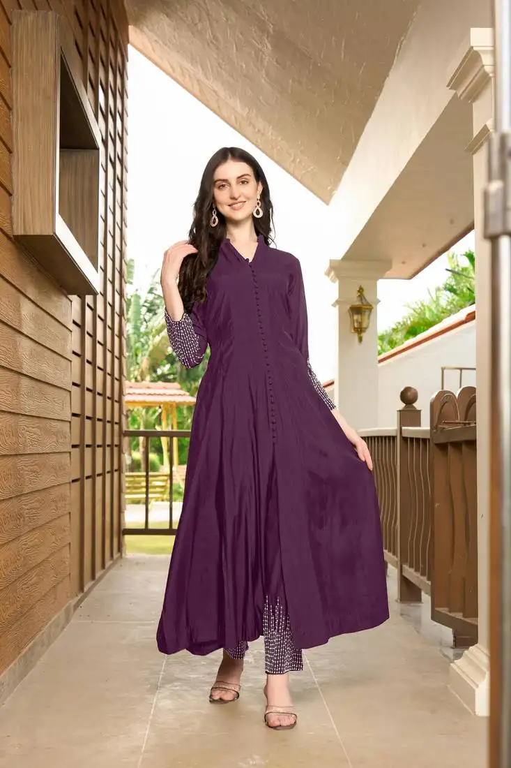 Violet hand embroidery art silk anarkali kurta & pants set