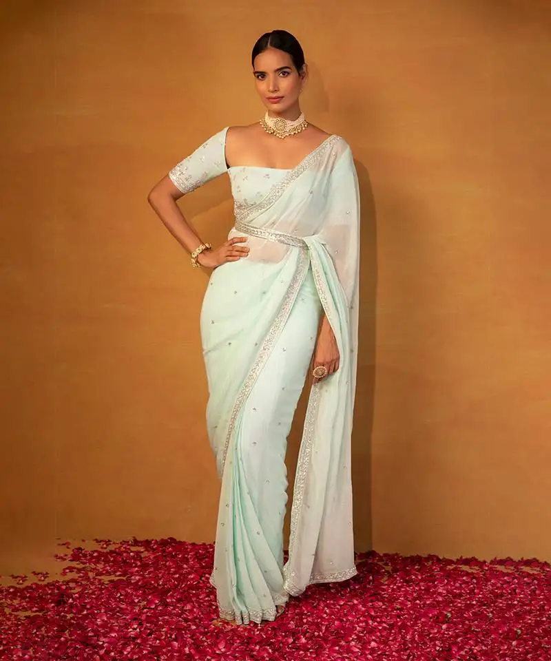Aqua blue georgette saree