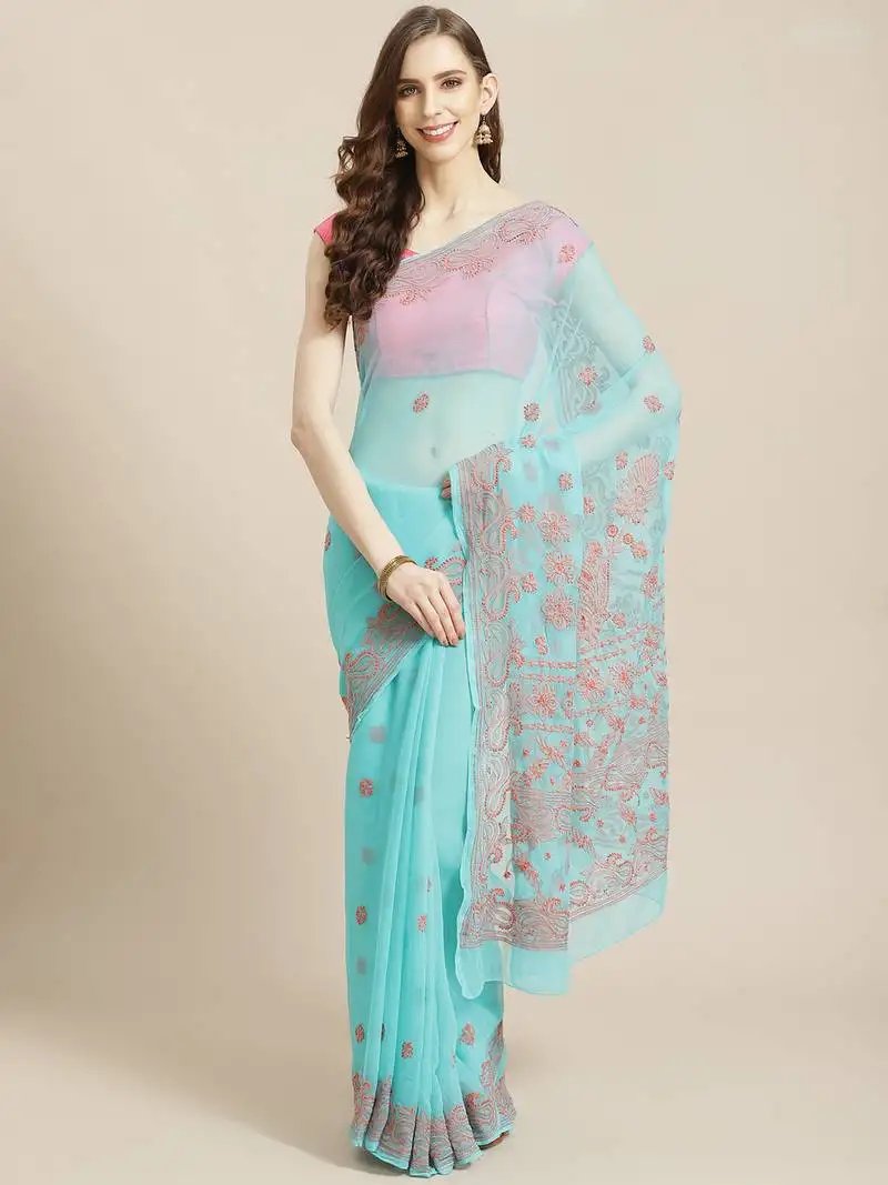 Hand embroidered sea green georgette lucknowi chikankari saree with blouse