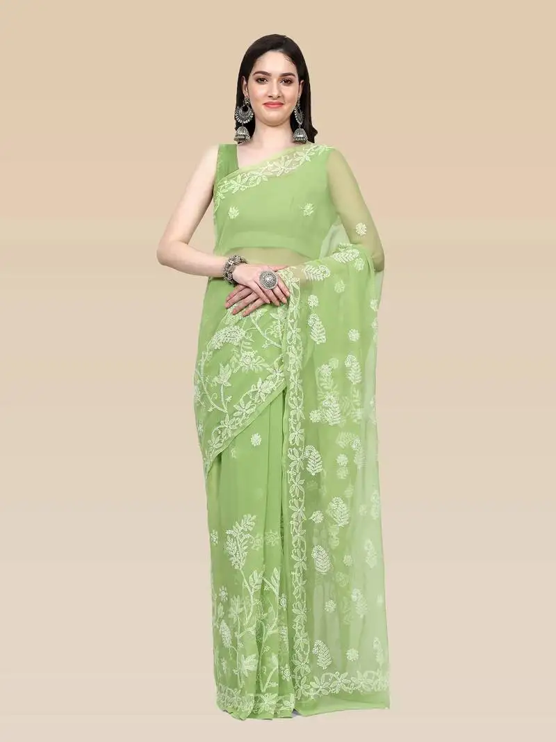 Hand embroidered green goergette lucknowi chikankari saree with blouse